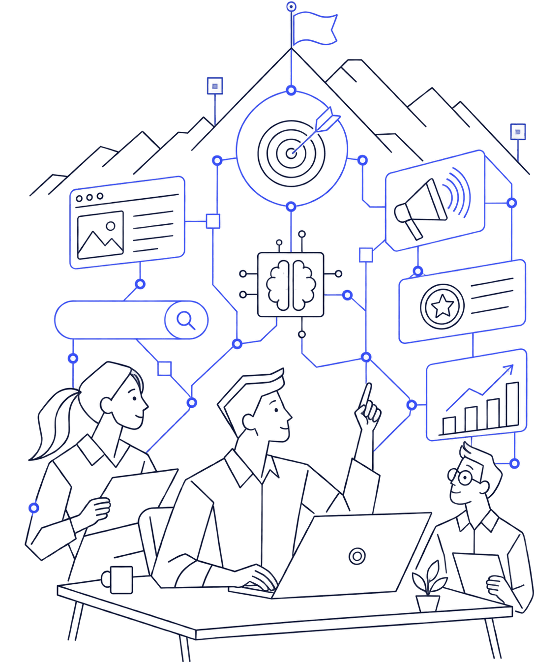 Illustration eines Teams mit vernetzten Symbolen für Analyse, Ziele und Kommunikation.